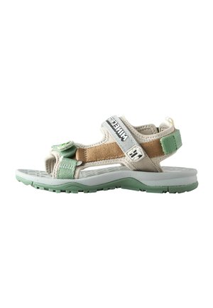 Sporty open-toe sandal with adjustable green, brown, and beige straps and a textured light green sole, designed for casual outdoor wear.