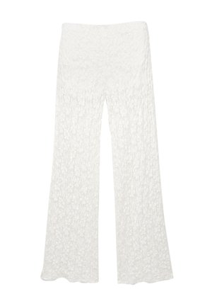 Pantaloni a zampa d'elefante bianchi in pizzo con un motivo floreale testurizzato, design a gamba ampia e vita elastica per il massimo comfort.