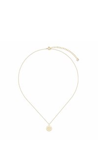 Złota naszyjniki z delikatnym łańcuszkiem i ozdobnym okrągłym wisiorkiem z kwiatowym wzorem. Regulowana długość z zapięciem.