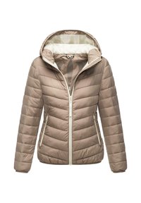 Beige gewatteerde jas met horizontaal gestikt ontwerp, ritssluiting aan de voorkant, dubbele zijzakken en een capuchon met een binnenvoering van een patroon.