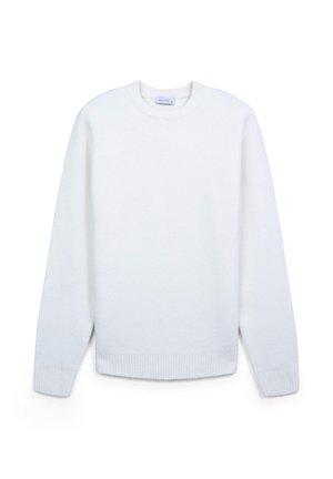 Weißer Pullover mit rundem Halsausschnitt, langen Ärmeln sowie Rippbündchen und -saum. Hergestellt aus weichem, strukturiertem Stoff ohne Muster oder Verzierungen.