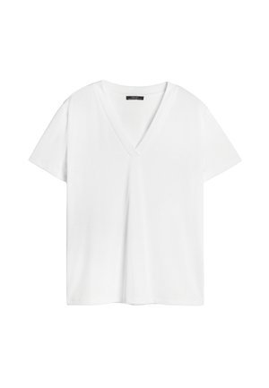 White short-sleeve V-neck T-shirt made from soft fabric. Features a classic fit with a smooth texture and no visible patterns or accents.