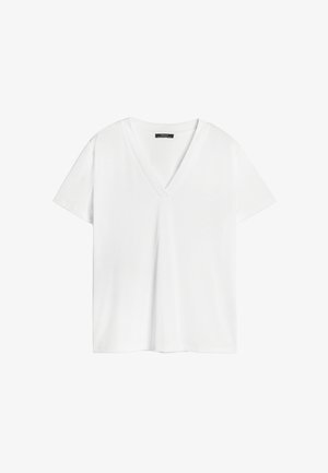 Λευκό κοντομάνικο T-shirt με V λαιμόκοψη, φτιαγμένο από μαλακό ύφασμα. Διαθέτει κλασική εφαρμογή με λεία υφή και χωρίς ορατά μοτίβα ή αξεσουάρ.