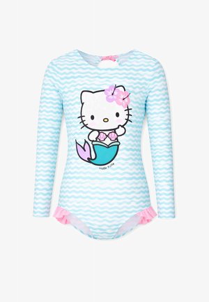 Costume da bagno a maniche lunghe azzurro chiaro con motivo di onde bianche e grafica di Hello Kitty sirena con fiore rosa e dettagli arricciati rosa.