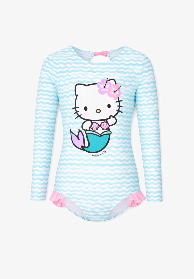 Maillot de bain à manches longues bleu clair avec motif de vagues blanches et graphique Hello Kitty sirène avec fleur rose et accents à volants roses.