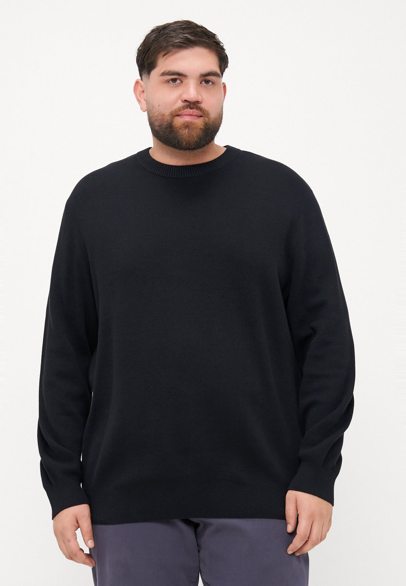 Zwart gebreid sweater met een ronde hals, lange mouwen en geribbelde boorden; zachte textuur en een comfortabele pasvorm. Draagt met grijze broek.