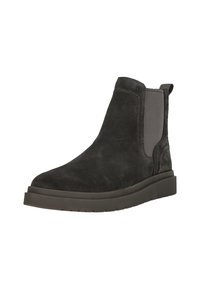 Sorte suede ankelstøvler med elastiske sidepaneler, rund tå og en tyk sål. Har en pull-tab for nem påtagning. Tekstureret overflade.