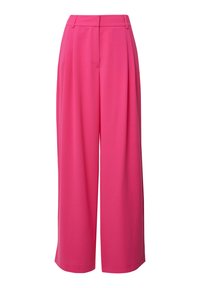Pantaloni a gamba larga in tessuto rosa brillante con una superficie liscia, caratterizzati da pieghe frontali e una vita sagomata.
