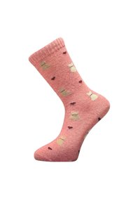 Pinker Socken mit einem gerippten Bündchen, versehen mit einem Muster aus goldenen Kleidern und kleinen kastanienbraunen Herzen. Hergestellt aus strukturiertem Strickmaterial.