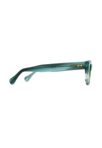 Teal solglasögon med transparent ram. Bågarna har en slank design och gyllene detaljer. Gröna linser kompletterar den övergripande stilen.