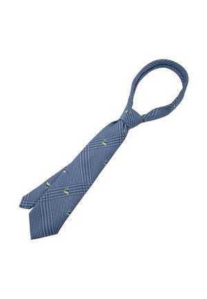 Blått mønstret slips med små endetegninger bundet i en løkke mot en hvit bakgrunn.