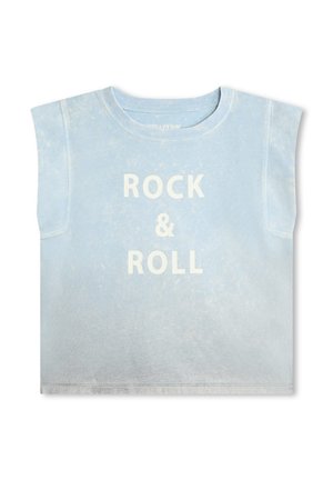 Vaaleansininen hihaton lyhyt toppi, jossa valkoisilla isoilla kirjaimilla teksti "ROCK & ROLL" edessä.