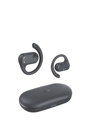 Wireless black earbuds with ear hooks and matching charging case with LED indicators on white background.
