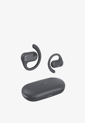 Kabellose schwarze Ohrhörer mit Ohrbügeln und passendem Ladeetui mit LED-Anzeigen auf weißem Hintergrund.