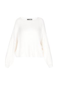 Weißer Strickpullover mit lockeren langen Ärmeln und gerippten Bündchen, ausgestattet mit einem dezenten strukturierten Muster und rundem Halsausschnitt.
