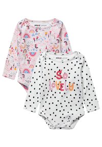 Bodystockingy s dlhým rukávom, jeden ružový s jednorožcami a dúhami, druhý biely s čiernymi bodkami a nápisom "SO LOVELY" v farebných písmenách. Bavlnená látka.