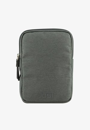 Grijze stoffen pouch met rits, rechthoekige vorm, textuur oppervlak en een logo geperst op de voorkant. Voorzien van een duurzame rits.