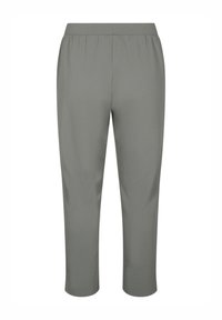 Graue, knöchellange Capri-Hosen aus einem glatten, dehnbaren Material. Elastischer Bund für zusätzlichen Komfort. Einfaches Design ohne Taschen oder Verzierungen.