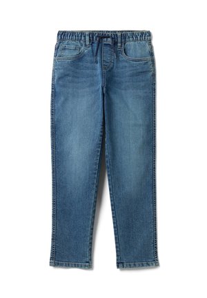Jean en denim bleu avec taille élastique et cordon, poches avant, coupe droite et léger effet délavé sur fond blanc.