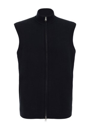 Black sleeveless vest with a high collar and full front zipper. Ribbed texture and side slits for comfort. Simple, minimalist design.
