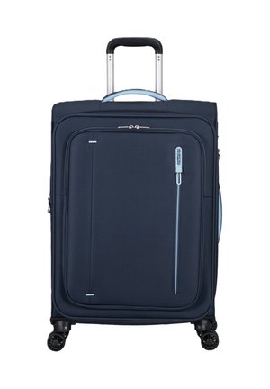 Valigia rigida blu scuro con tasca frontale con zip, manico retrattile, quattro ruote a sfera e dettagli azzurri.