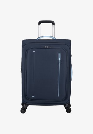 Valigia rigida blu scuro con tasca frontale con zip, manico retrattile, quattro ruote a sfera e dettagli azzurri.