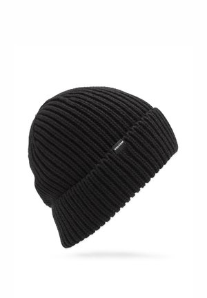 Zwarte gebreide beanie met een ribbeltextuur, voorzien van een omgeslagen boord en een klein merklabel. Eenvoudige, cilindervormige stijl die geschikt is voor koud weer.