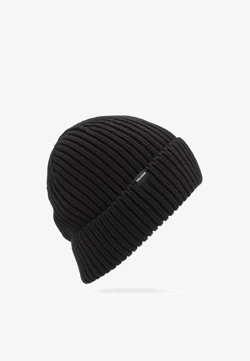 Zwarte gebreide beanie met een ribbeltextuur, voorzien van een omgeslagen boord en een klein merklabel. Eenvoudige, cilindervormige stijl die geschikt is voor koud weer.