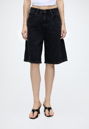 Personne portant un short en denim noir ample jusqu’aux genoux et des sandales noires à talons ouvertes à l’avant, debout sur un fond blanc.