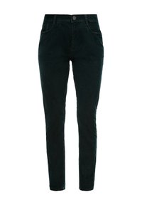 Pantalon noir slim-fit avec poches avant et fermeture par bouton, présenté sur fond blanc.