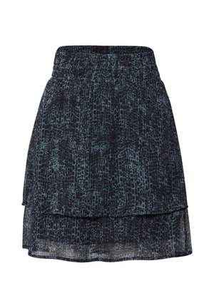 Jupe courte superposée en bleu foncé avec un motif texturé ressemblant à de la peau de serpent. Taille élastique pour un ajustement adaptable. Tissu léger.