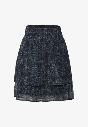 Falda corta con capas en azul oscuro con un patrón texturizado que asemeja la piel de serpiente. Cintura elástica para un ajuste ajustable. Tejido ligero.