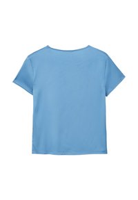 Top blu corto in tessuto leggero e liscio. Girocollo e vestibilità morbida con orli puliti e rifiniti. Design semplice senza motivi.