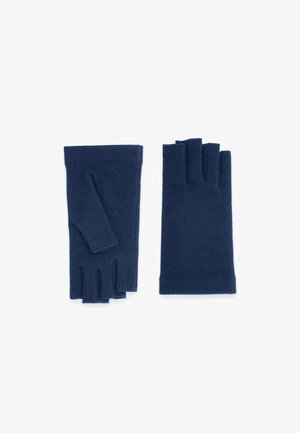 Gants sans doigts bleu marine en tissu doux, avec des poignets côtelés et un design en trois sections pour des ouvertures individuelles pour les doigts.