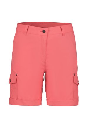 Korallenrosa kniehohe Shorts mit Knopfverschluss, Gürtelschlaufen, umgeschlagenen Säumen und mit Knöpfen versehenen Cargo-Taschen auf beiden Seiten.
