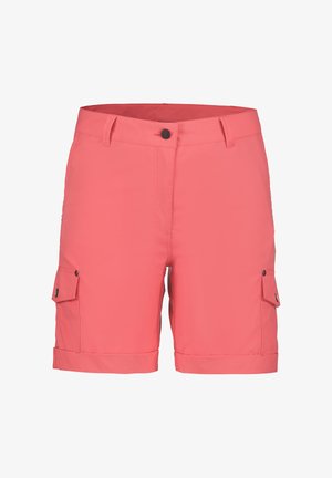 Szorty do kolan w kolorze koralowym z zapięciem na guziki, szlufkami na pasek, podwiniętymi nogawkami oraz zapinanymi na guziki kieszeniami typu cargo po obu stronach.