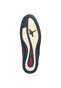 Sole di scarpa con una base in gomma nera texturizzata, intersuola beige in contrasto e un accentuazione rossa. Presenta un logo al centro e un battistrada decorato.