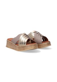 Brown and gold slide sandals with crisscrossed straps, textured wooden platform, and a cushioned orange insole.