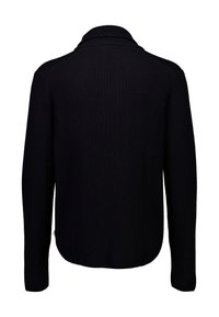 Cardigan nero lavorato a maglia, texture a coste, colletto a scialle, maniche lunghe, orlo rotondo, senza chiusure visibili o motivi sul retro.