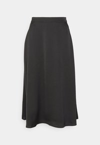 Sort, midi-længde nederdel lavet af glat materiale med en tætsiddende talje og let udskæring. Har en sideslids for nem bevægelse.