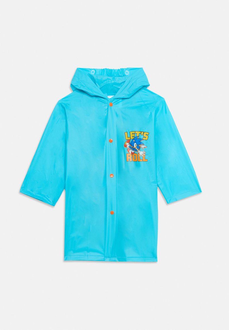 Chubasquero impermeable azul claro con mangas cortas, capucha, botones a presión y un gráfico de "LET'S ROLL" que presenta un personaje en el frontal.