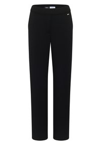 Pantalon noir droit avec taille élastique, sans poches visibles, et petite étiquette de marque sur la hanche droite.