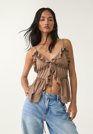 Stradivarius RUFFLED STRAPPY - Top - mottled light brown