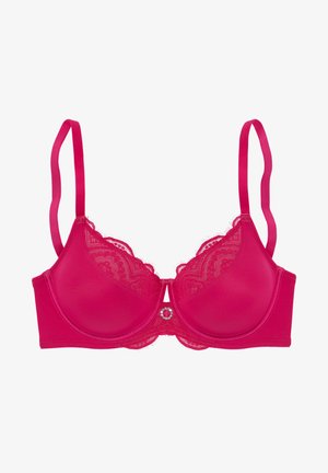 Fuchsia-beha met kantafwerking, met beugels, verstelbare banden en een decoratieve edelsteen aan de voorkant. Gladde stof met een subtiele glans.