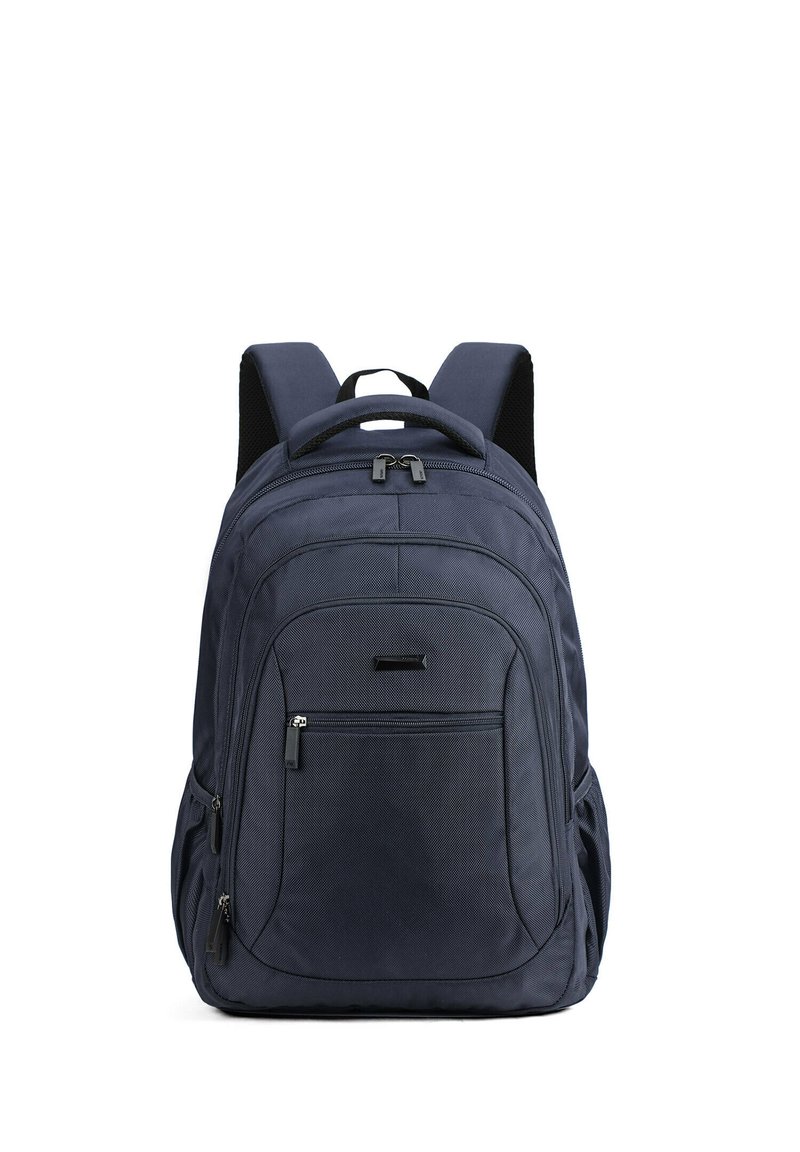 Zaino blu navy realizzato in tessuto testurizzato, dotato di spallacci imbottiti, numerosi scomparti con zip e una maniglia superiore per il trasporto.