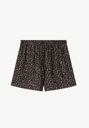 Loose-fit shorts with black and brown leopard print pattern and elastic waistband on a white background.
