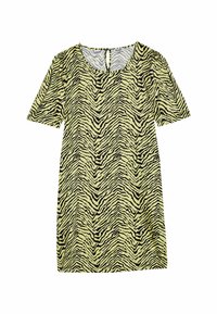 Kurzärmliges Kleid mit einem gelb-grünen Grundton und einem schwarzen Tigermuster, Rundhalsausschnitt und einem Schlüsselloch-Rücken.