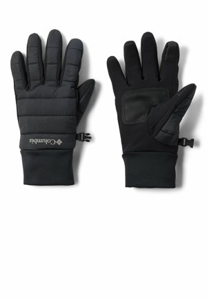 Schwarze isolierte Handschuhe mit einem gesteppten Design, ausgestattet mit einer strukturierten Grifffläche auf der Handfläche und verstellbaren Handgelenksverschlüssen für einen sicheren Sitz.
