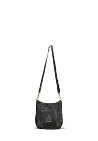 Zwarte leren crossbodytas met een textuur, gouden hardware-accenten en een vierkante studs detail aan de voorkant. Verstelbare schouderband.