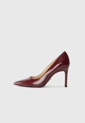 Glänzender burgunderfarbener Pumps mit spitzer Kappe und schlankem Stilettoabsatz, seitlich auf einfarbigem Hintergrund gezeigt.